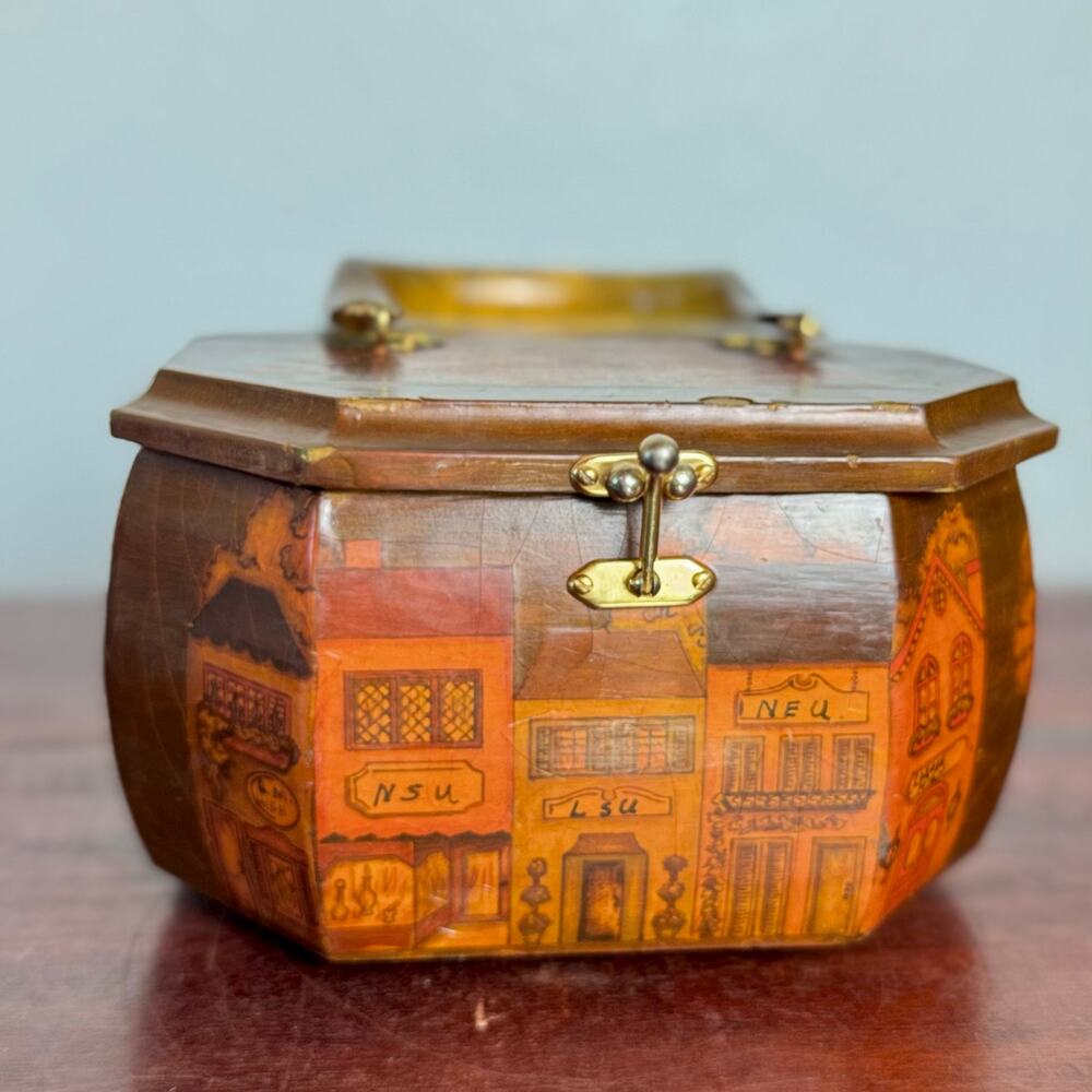 Handmade Wooden Decoupage Purse Bonnie Busch 1974 Lucite Handle Vintage Bag